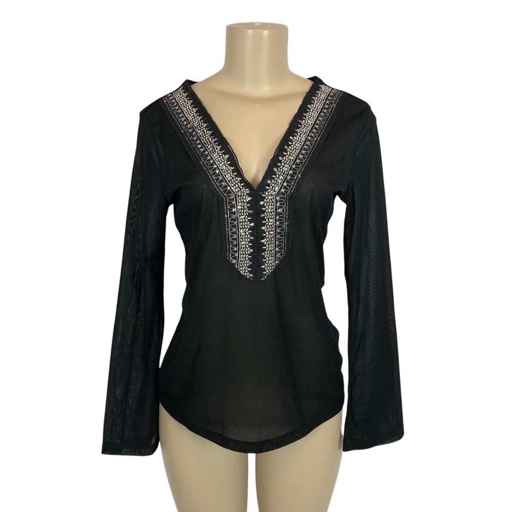 Anxiety Sheer Mesh Sequin Embroidered V-Neck Top Shirt Large Y2K Fairy 90s Black